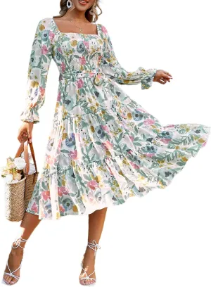 Amegoya Women's Boho Flowy Long Sleeve Square Neck Floral Midi Dress Smocked Spring Fall Wedding Guest Dresses