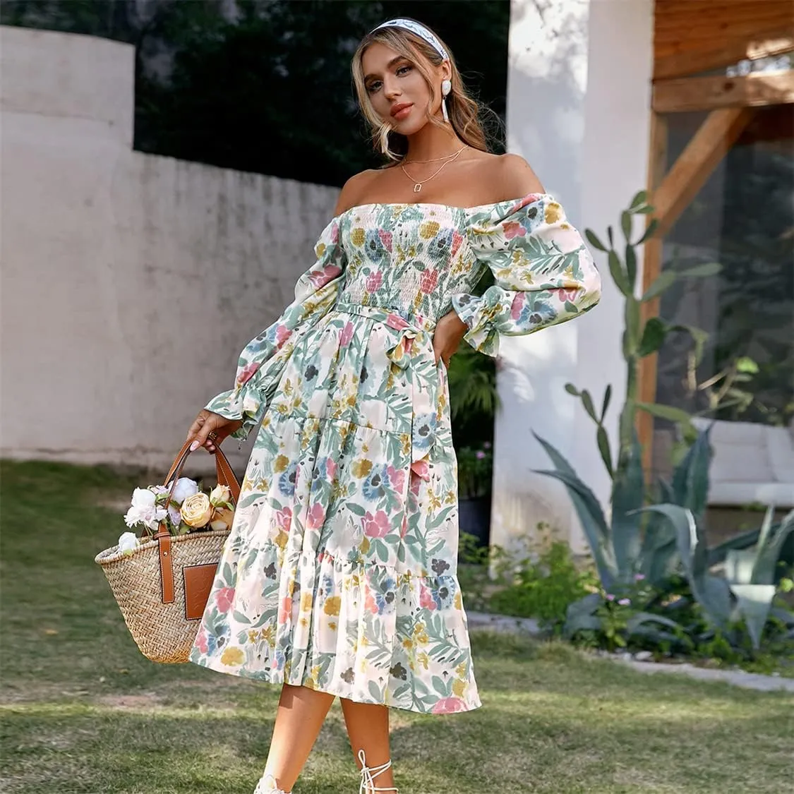 Amegoya Women's Boho Flowy Long Sleeve Square Neck Floral Midi Dress Smocked Spring Fall Wedding Guest Dresses