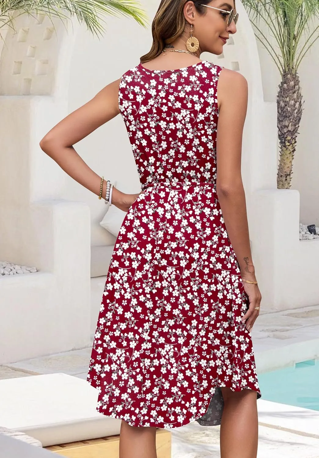 AUSELILY Drawstring Waist Dress for Women Sleeveless Sundress Casual Summer Scoop Neck Swing Midi Dresses 2025 with Pockets