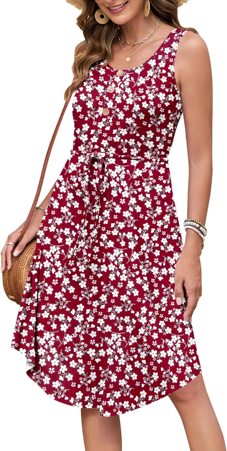 AUSELILY Drawstring Waist Dress for Women Sleeveless Sundress Casual Summer Scoop Neck Swing Midi Dresses 2025 with Pockets