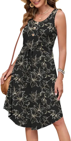 AUSELILY Drawstring Waist Dress for Women Sleeveless Sundress Casual Summer Scoop Neck Swing Midi Dresses 2025 with Pockets