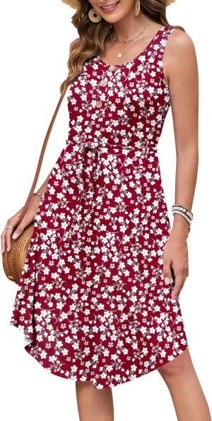 AUSELILY Drawstring Waist Dress for Women Sleeveless Sundress Casual Summer Scoop Neck Swing Midi Dresses 2025 with Pockets