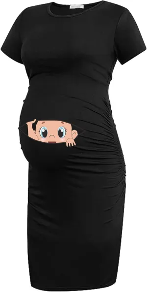 EAST KNITTING Funny Baby & Letter Print Bodycon Women's Footprint Short Sleeve Maternity Dress Ruched Pregnancy Clothes