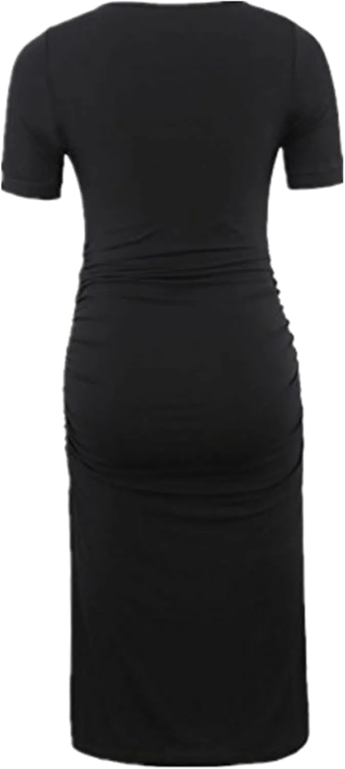 EAST KNITTING Funny Baby & Letter Print Bodycon Women's Footprint Short Sleeve Maternity Dress Ruched Pregnancy Clothes
