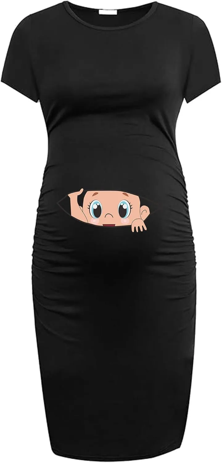 EAST KNITTING Funny Baby & Letter Print Bodycon Women's Footprint Short Sleeve Maternity Dress Ruched Pregnancy Clothes