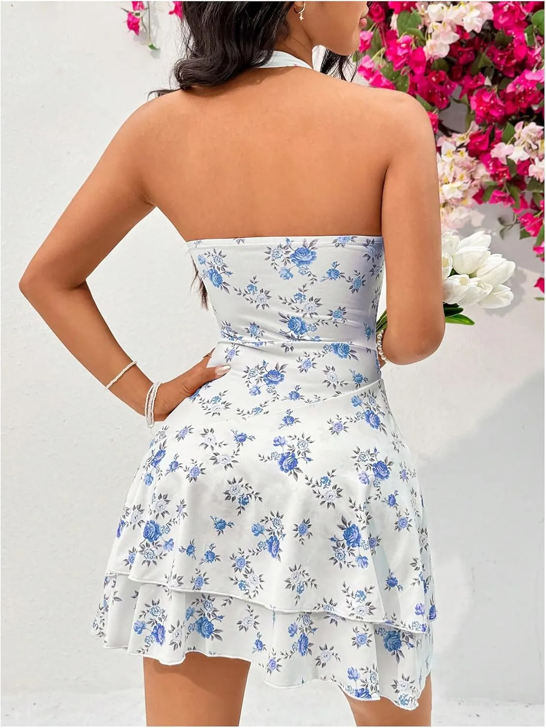 Floerns Women's Cute Summer Halter Neck Floral Print Short Sundress