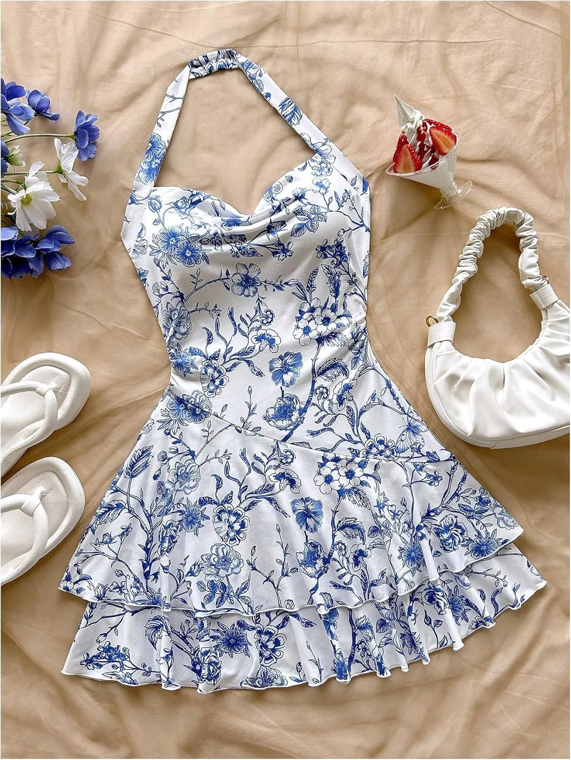 Floerns Women's Cute Summer Halter Neck Floral Print Short Sundress