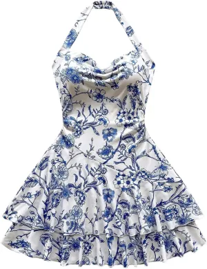 Floerns Women's Cute Summer Halter Neck Floral Print Short Sundress