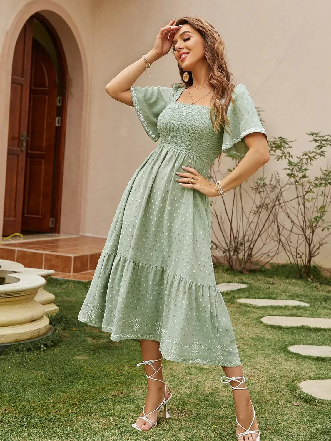 Glamaker Women's Short Sleeve Smocked Square Neck A Line Summer Flowy Maxi Long Dress