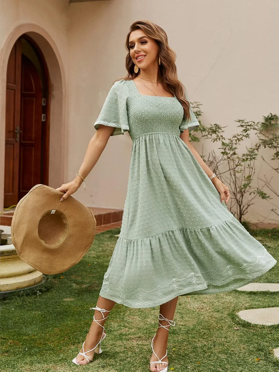 Glamaker Women's Short Sleeve Smocked Square Neck A Line Summer Flowy Maxi Long Dress