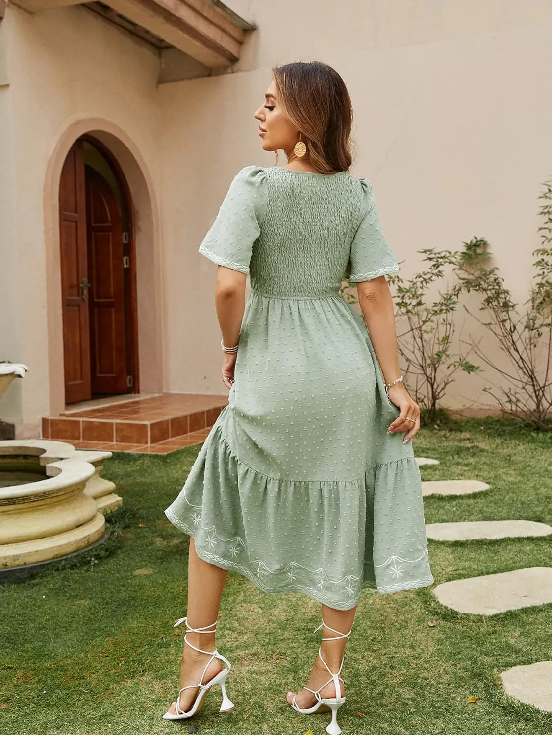 Glamaker Women's Short Sleeve Smocked Square Neck A Line Summer Flowy Maxi Long Dress