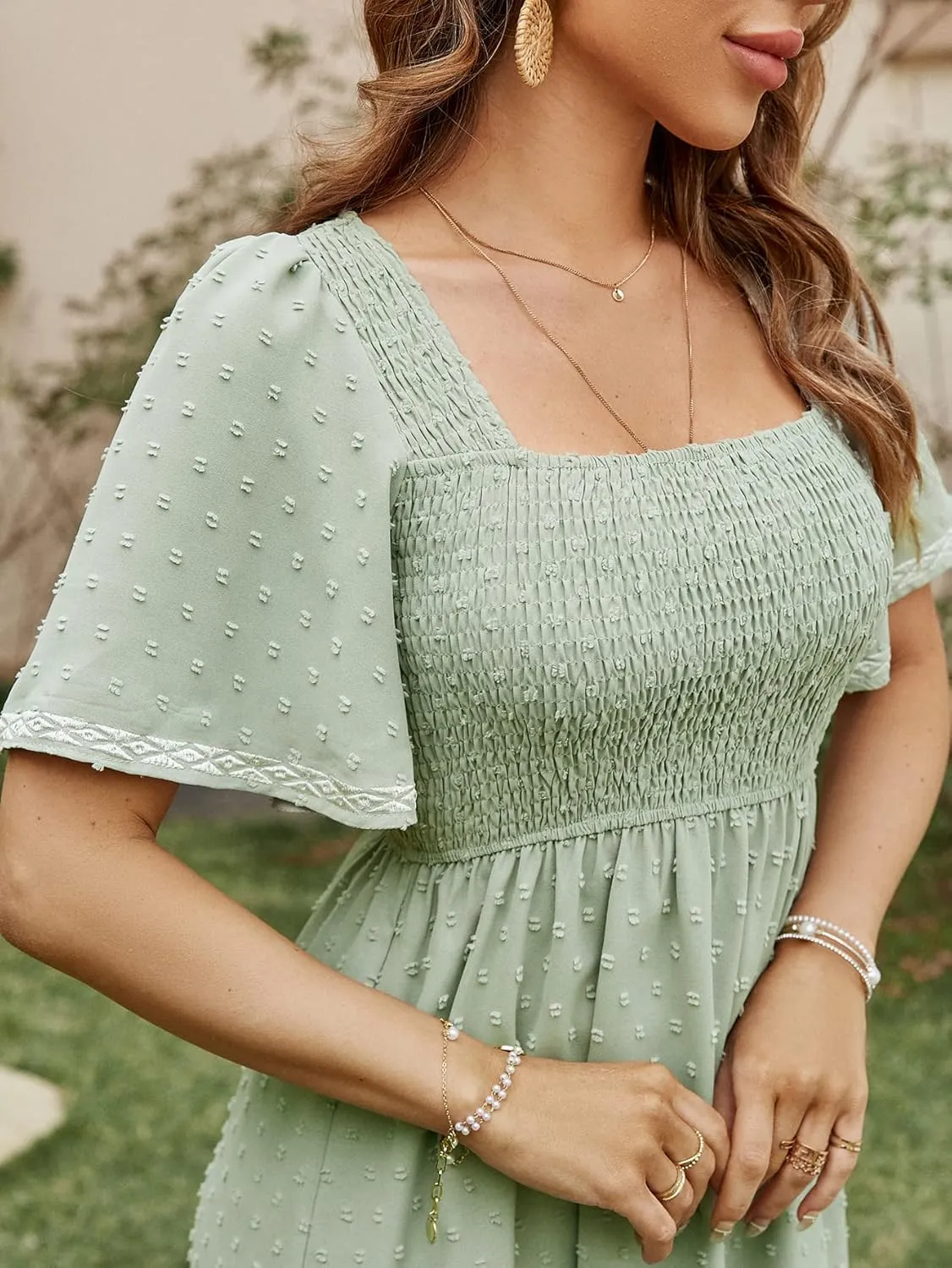 Glamaker Women's Short Sleeve Smocked Square Neck A Line Summer Flowy Maxi Long Dress