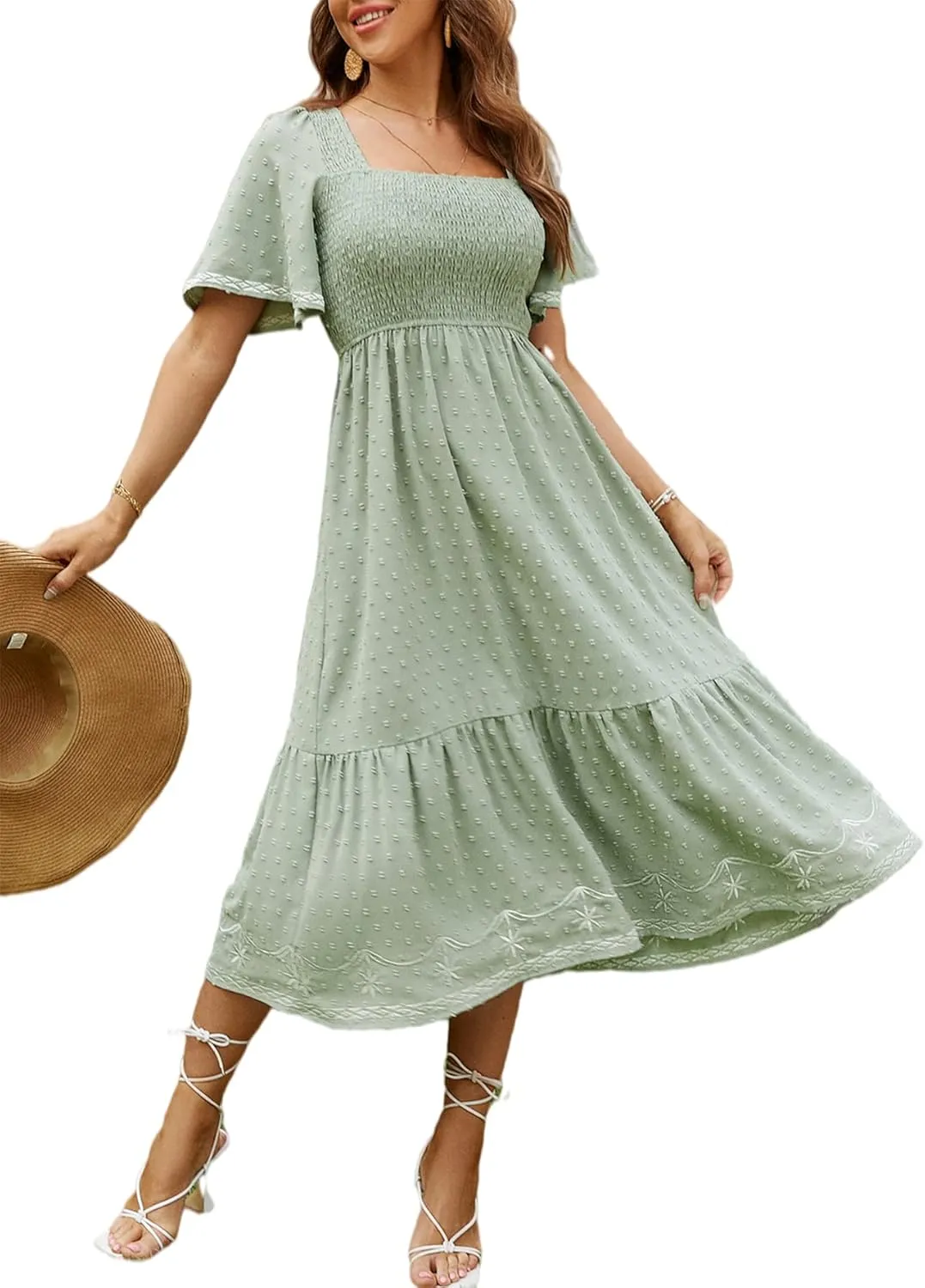 Glamaker Women's Short Sleeve Smocked Square Neck A Line Summer Flowy Maxi Long Dress