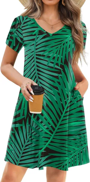 HOTOUCH Womens Summer Floral Beach V Neck Dresses Short Sleeve T Shirt Sundresses with Pockets 2025 Hawaiian Vacation