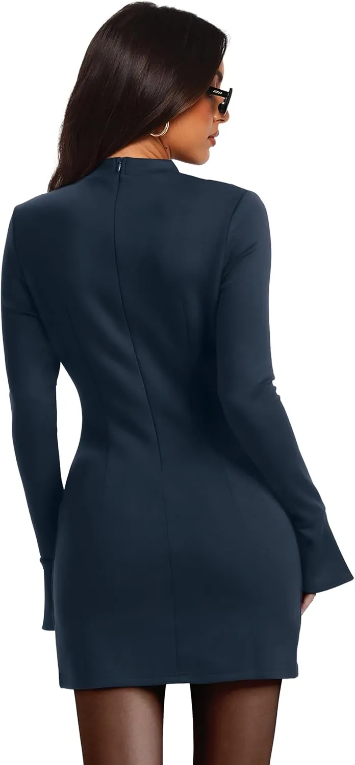 OFEEFAN Women's Fall Long Sleeve Mock Neck Dress Basic Party Club Bodycon Mini Dresses