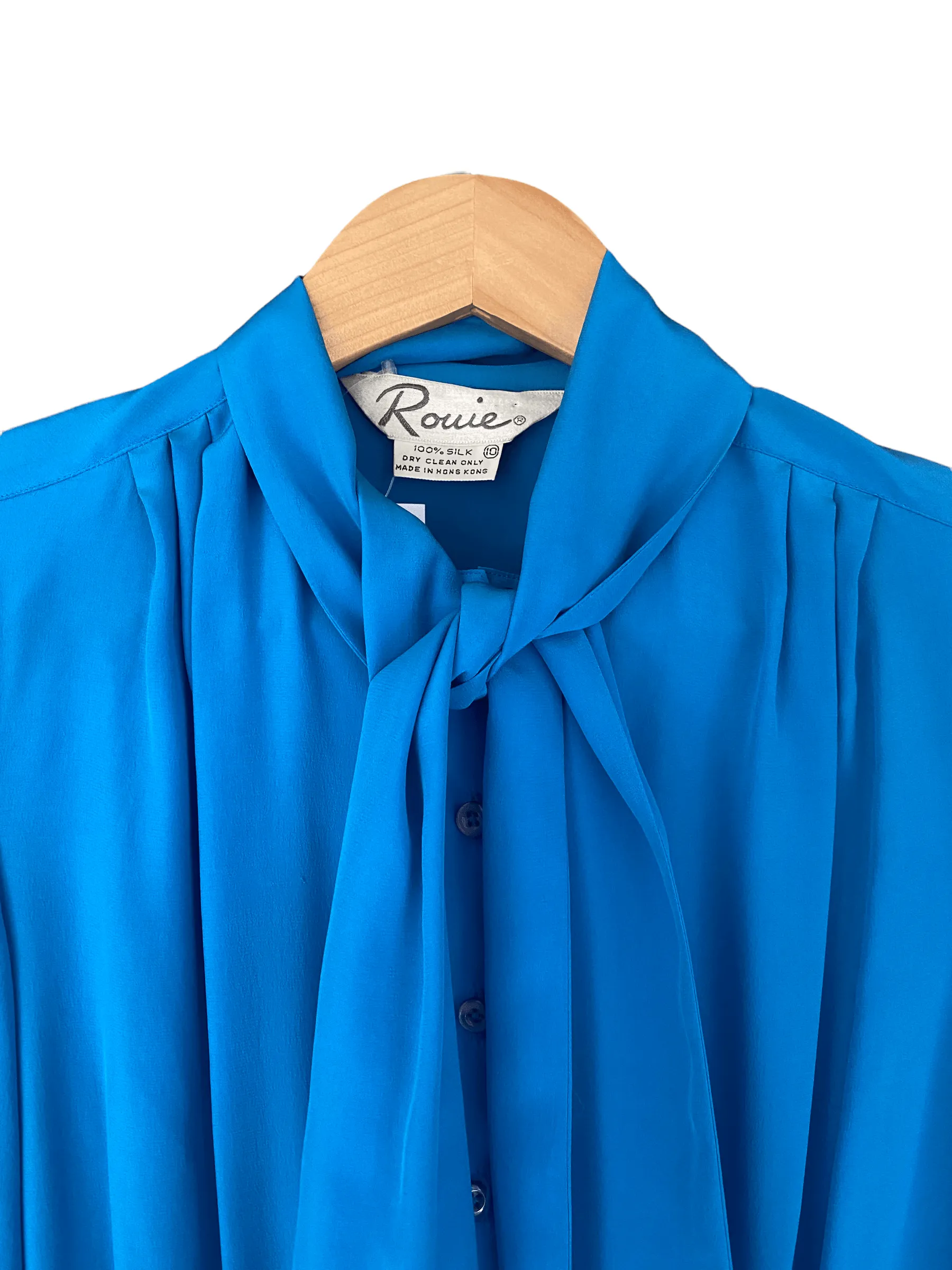 Rouie Vintage 100% Silk Dress Long Sleeve Pussy Bow Electric Blue UK Size 10