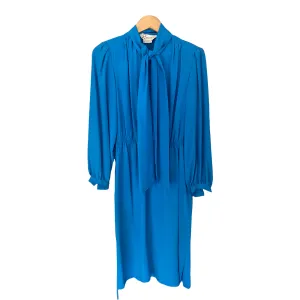 Rouie Vintage 100% Silk Dress Long Sleeve Pussy Bow Electric Blue UK Size 10