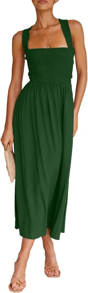 Sexyshine Women's Square Neck Halter Lace Up Criss Cross Maxi Dress Tie Back Sleeveless Smocked Ruched A Line Dress