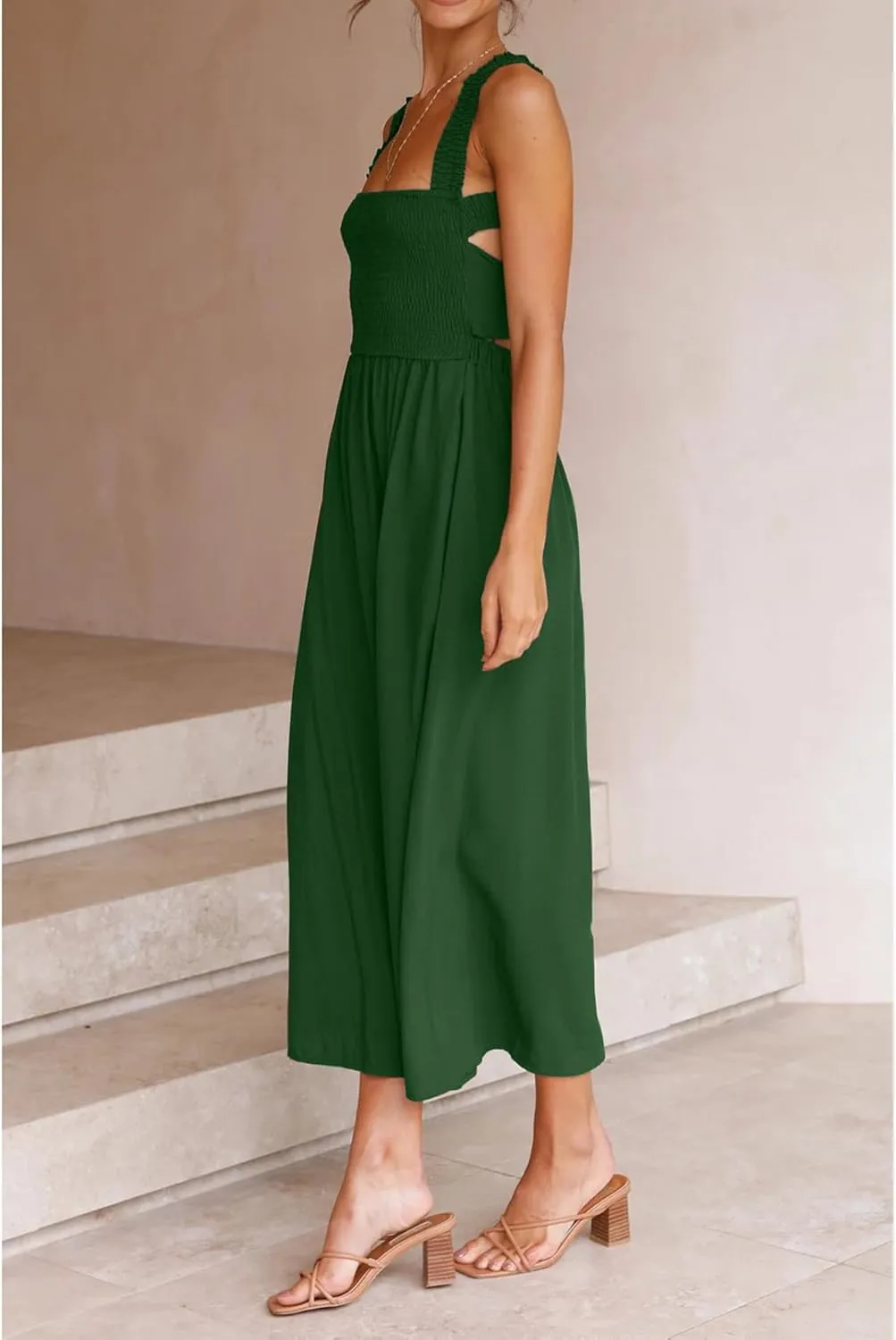 Sexyshine Women's Square Neck Halter Lace Up Criss Cross Maxi Dress Tie Back Sleeveless Smocked Ruched A Line Dress