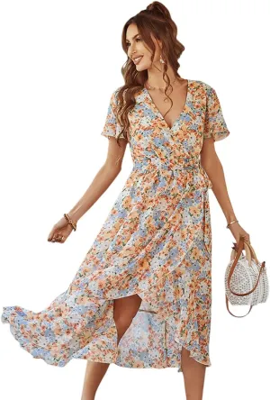Women's Floral Print Midi Dresses Boho V Neck Button Up Short Sleeve Ruffle Beach Party Dress