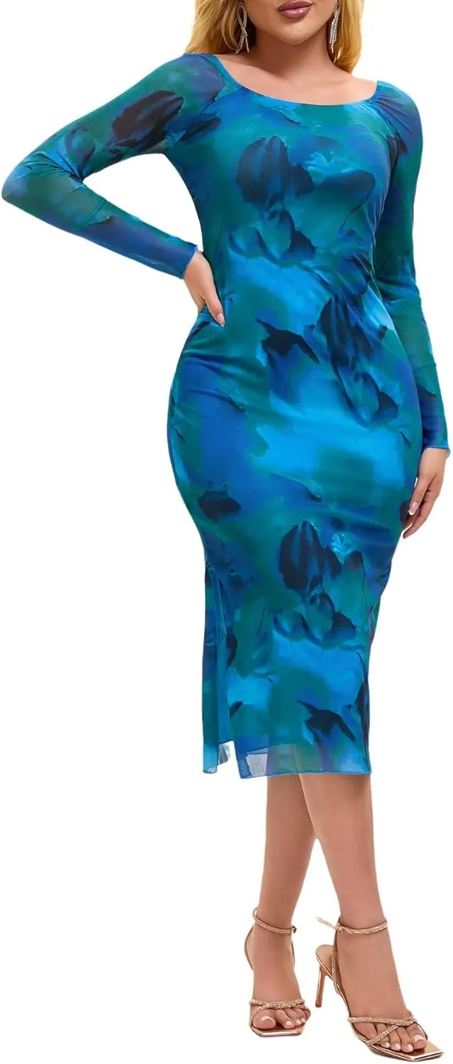 Women's Summer Long Sleeve Mesh Sexy Bodycon Fitted Party Night Out A-Line Midi Dress