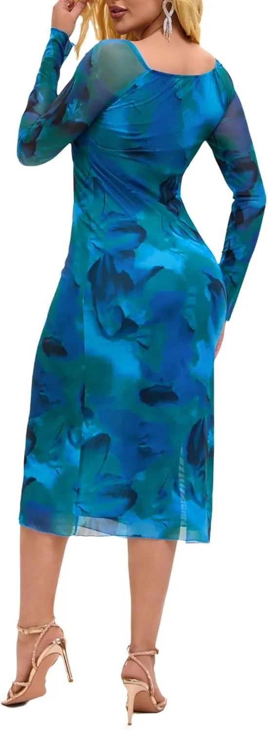 Women's Summer Long Sleeve Mesh Sexy Bodycon Fitted Party Night Out A-Line Midi Dress
