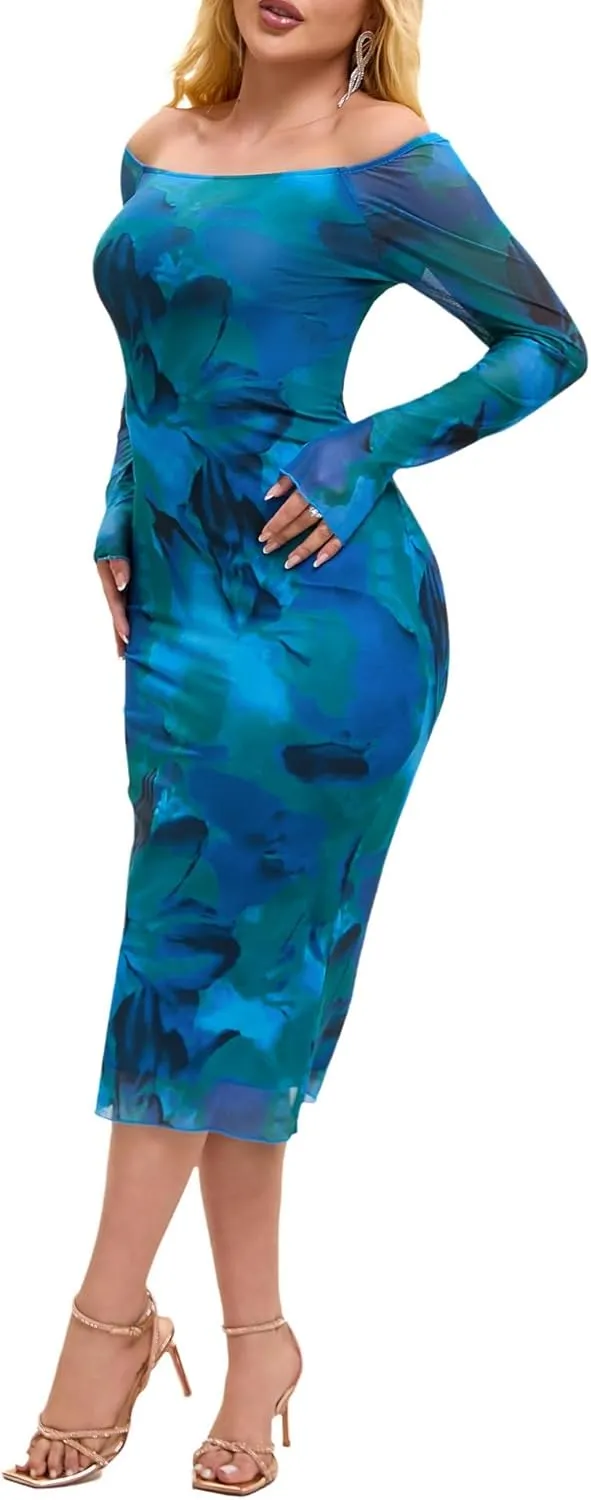Women's Summer Long Sleeve Mesh Sexy Bodycon Fitted Party Night Out A-Line Midi Dress