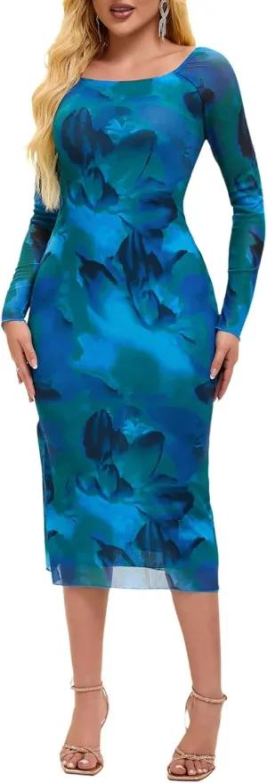Women's Summer Long Sleeve Mesh Sexy Bodycon Fitted Party Night Out A-Line Midi Dress