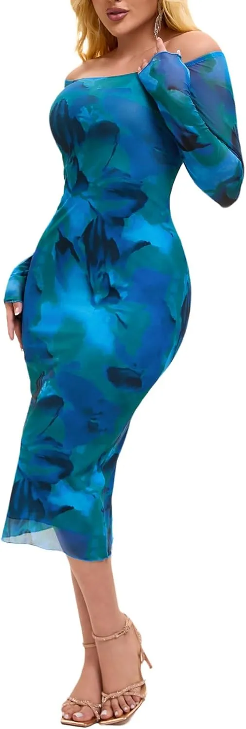 Women's Summer Long Sleeve Mesh Sexy Bodycon Fitted Party Night Out A-Line Midi Dress