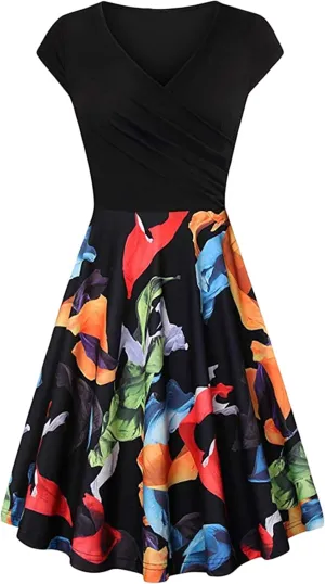 YMING Womens 1950s Vintage Floral Print Wrap Dress A Line Flared Swing Dress Cocktail Party Pleated Dresses
