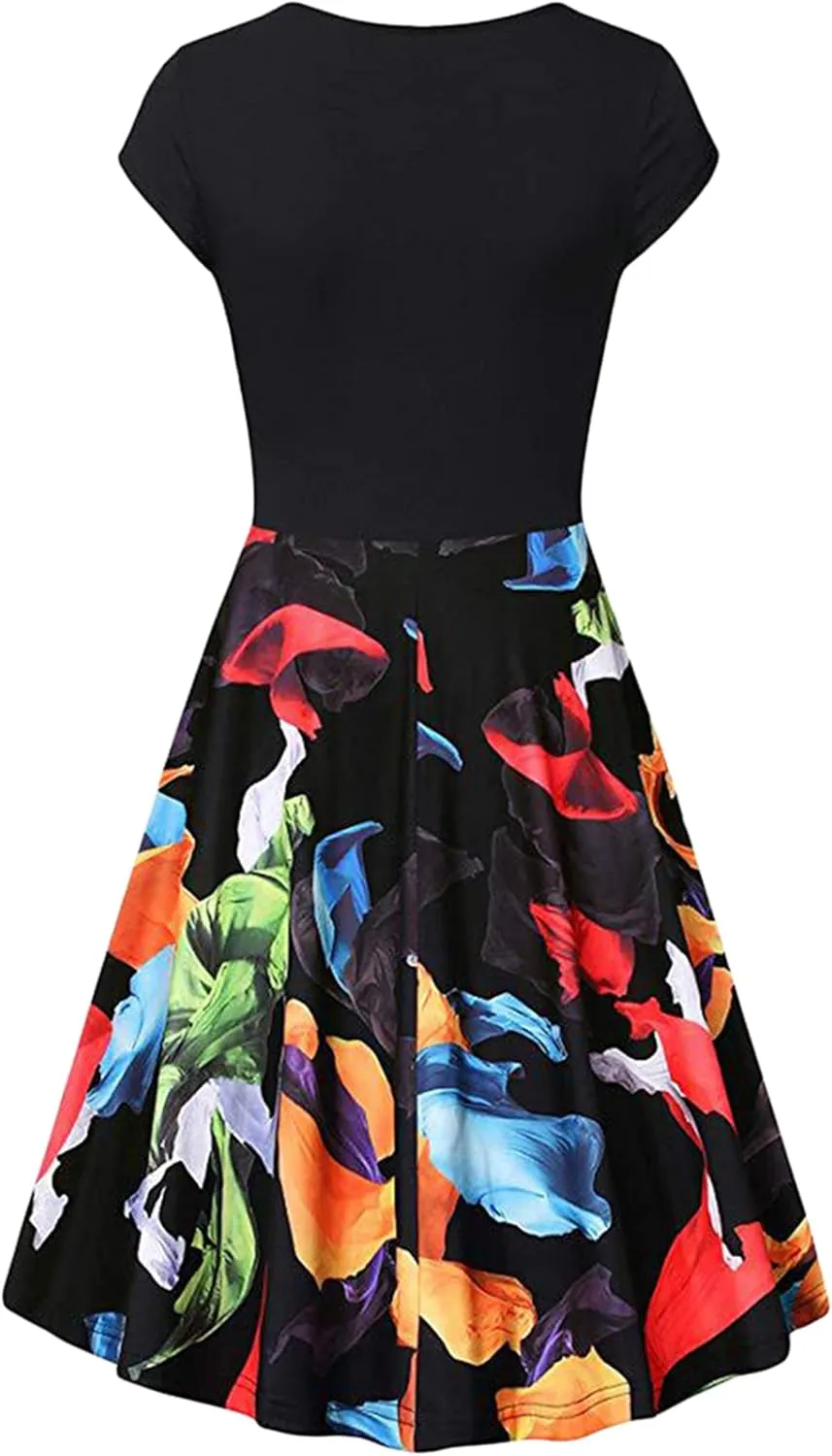 YMING Womens 1950s Vintage Floral Print Wrap Dress A Line Flared Swing Dress Cocktail Party Pleated Dresses